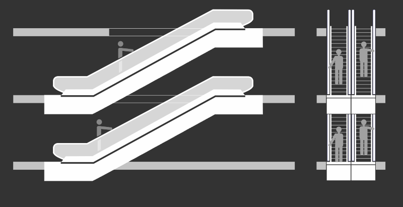 Escalators double non-continuous arrangement